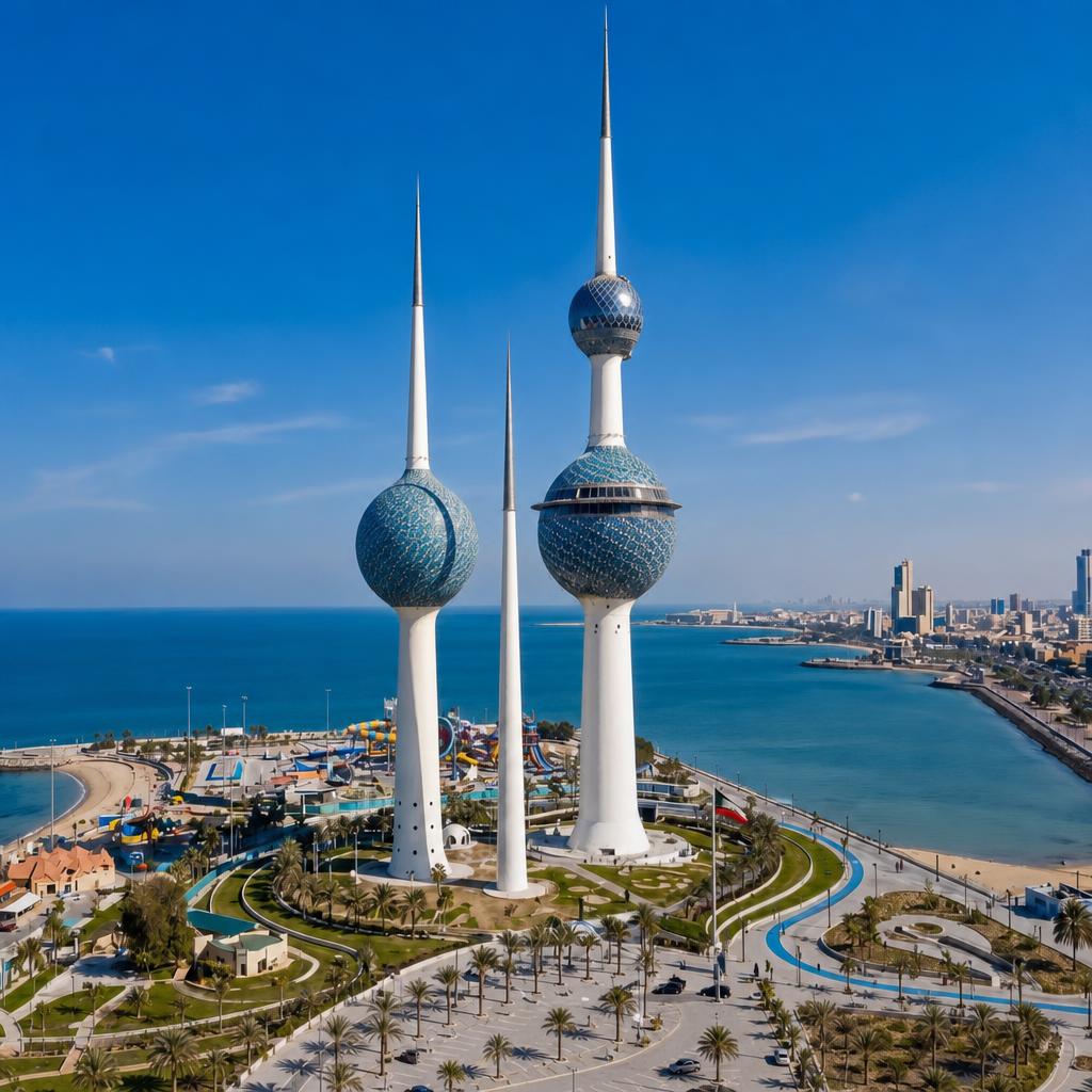 Kuwait Towers rising above the bay
