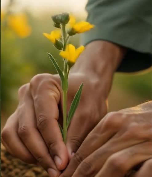 Hands planting a yellow flower