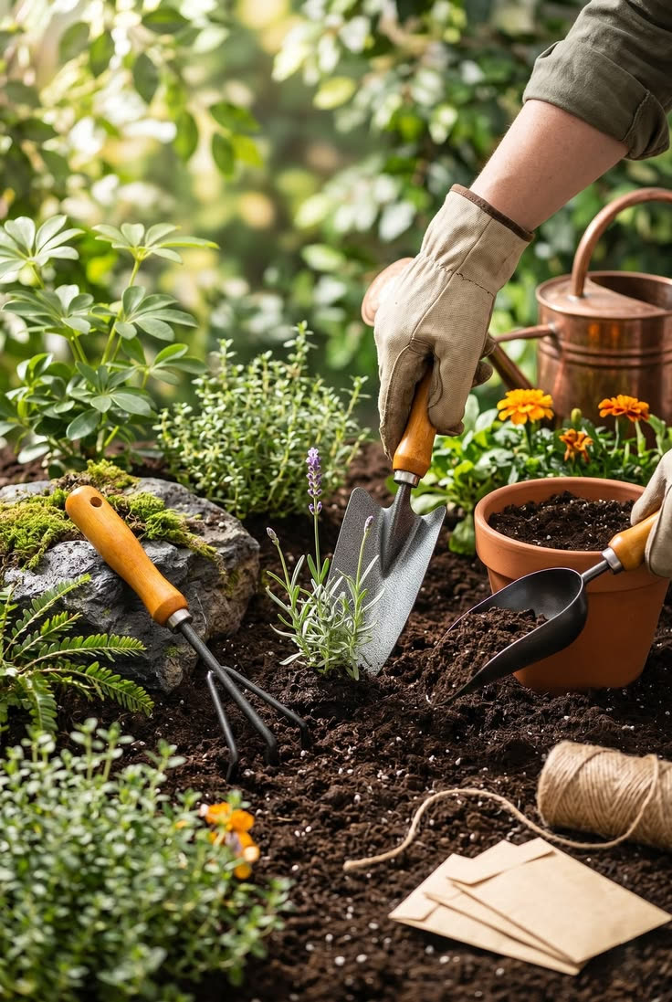 Hands potting plants with garden tools