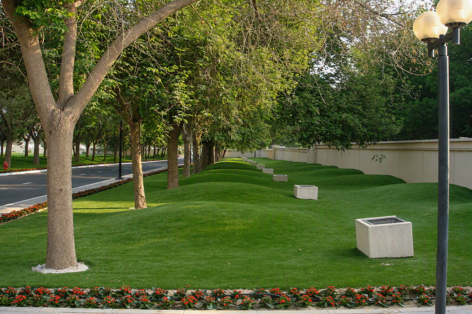 Tree-lined lawns in the palace grounds