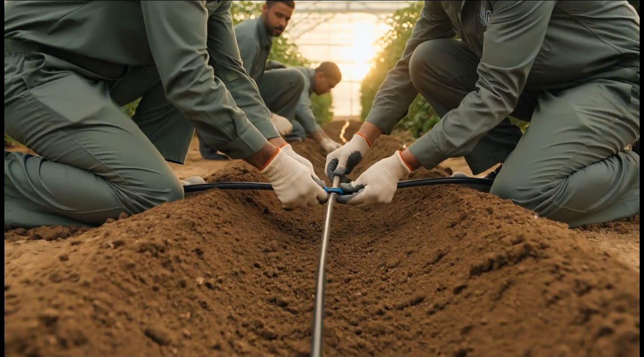Technicians installing drip irrigation lines by hand