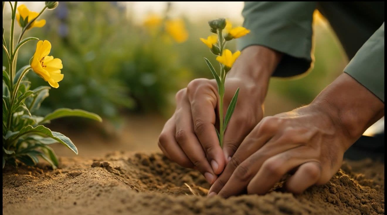 Hands planting young seedlings at the Wafra farm