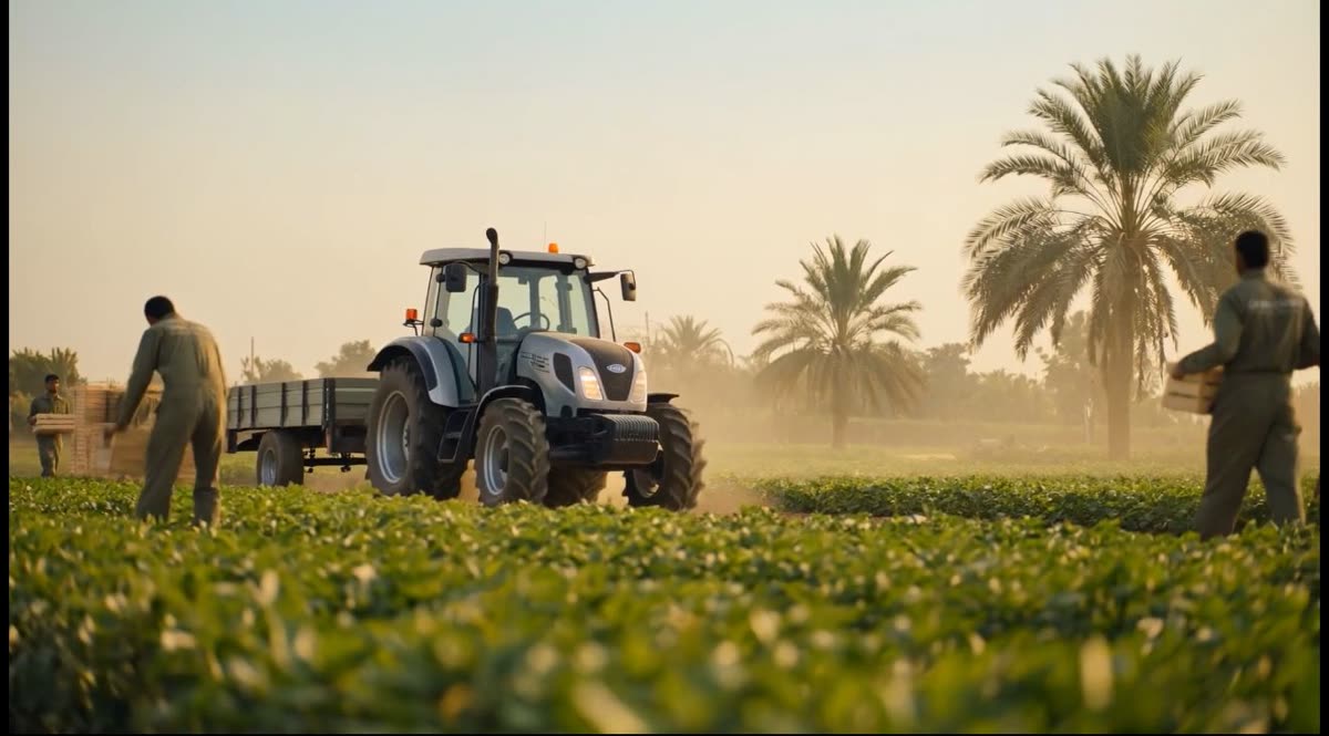 Tractor working a Greenfields field at dawn
