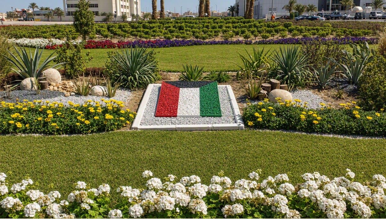 Formal flower beds and lawn