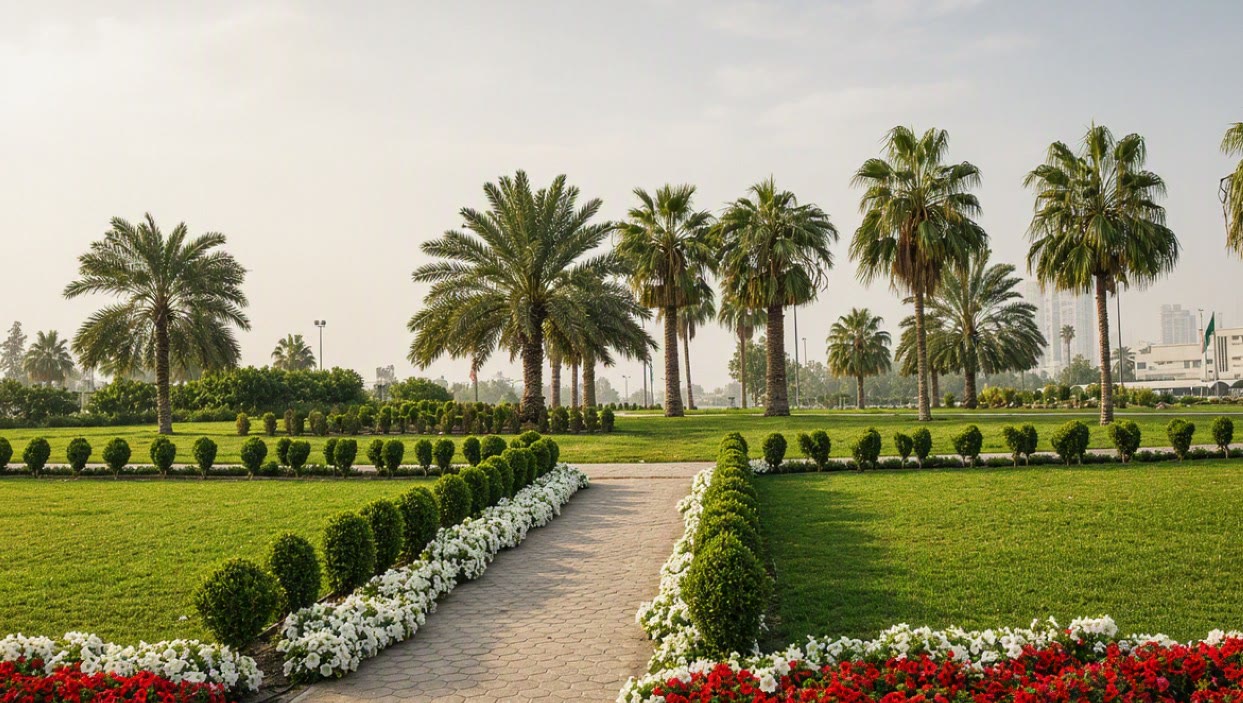 Manicured lawns and palms
