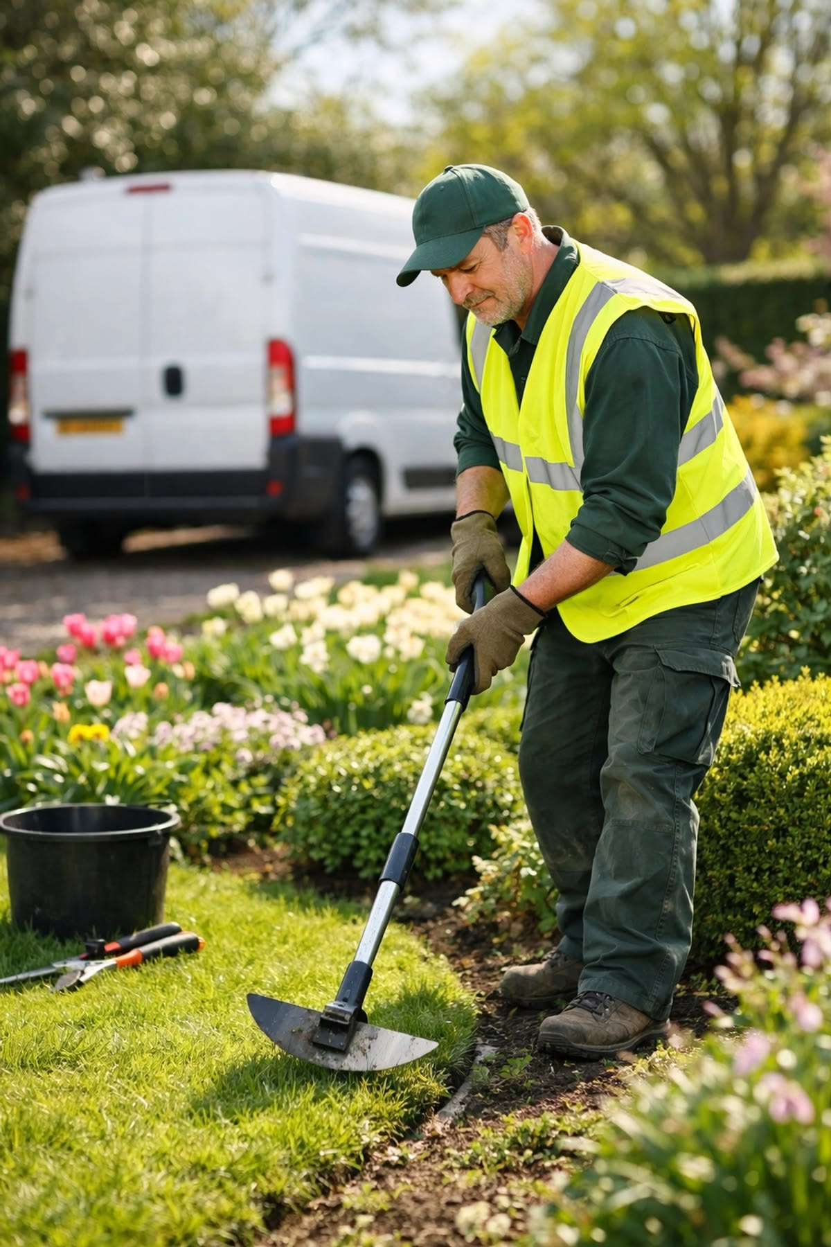 Gardener edging a lawn with professional tools