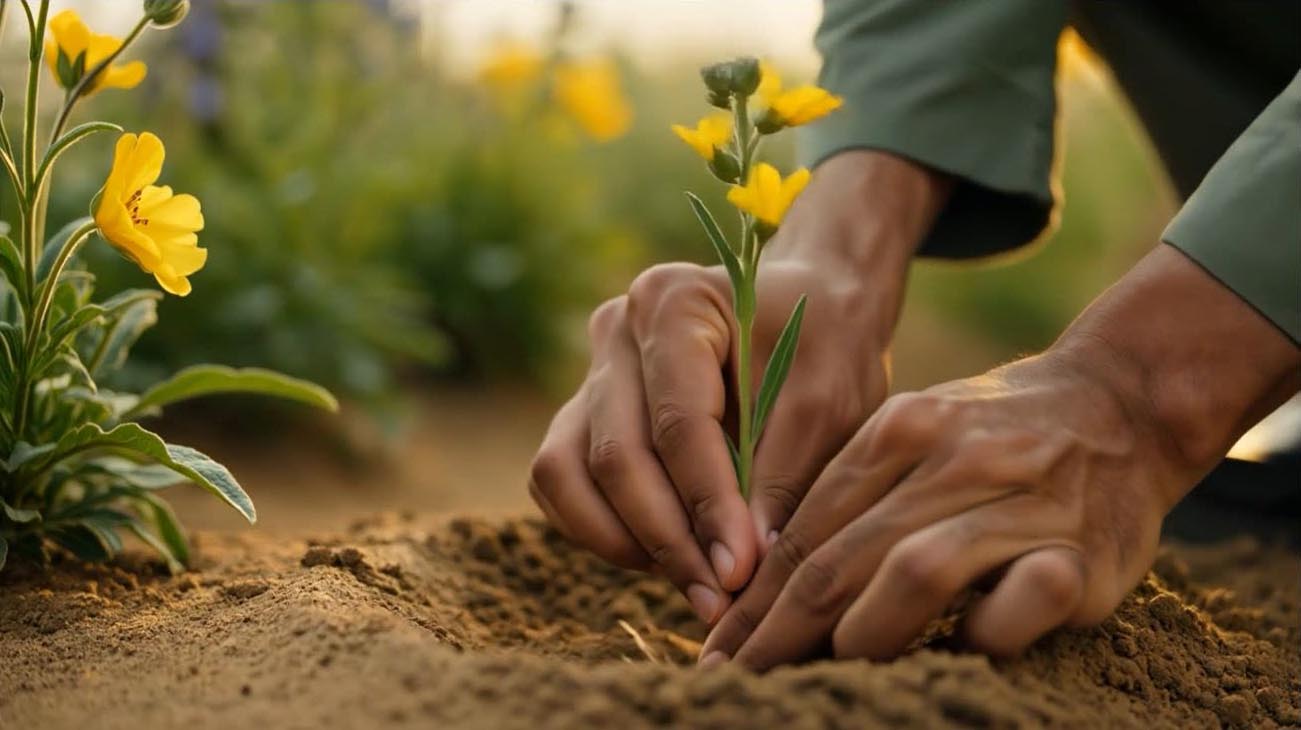 Hands planting young seedlings at the Wafra farm