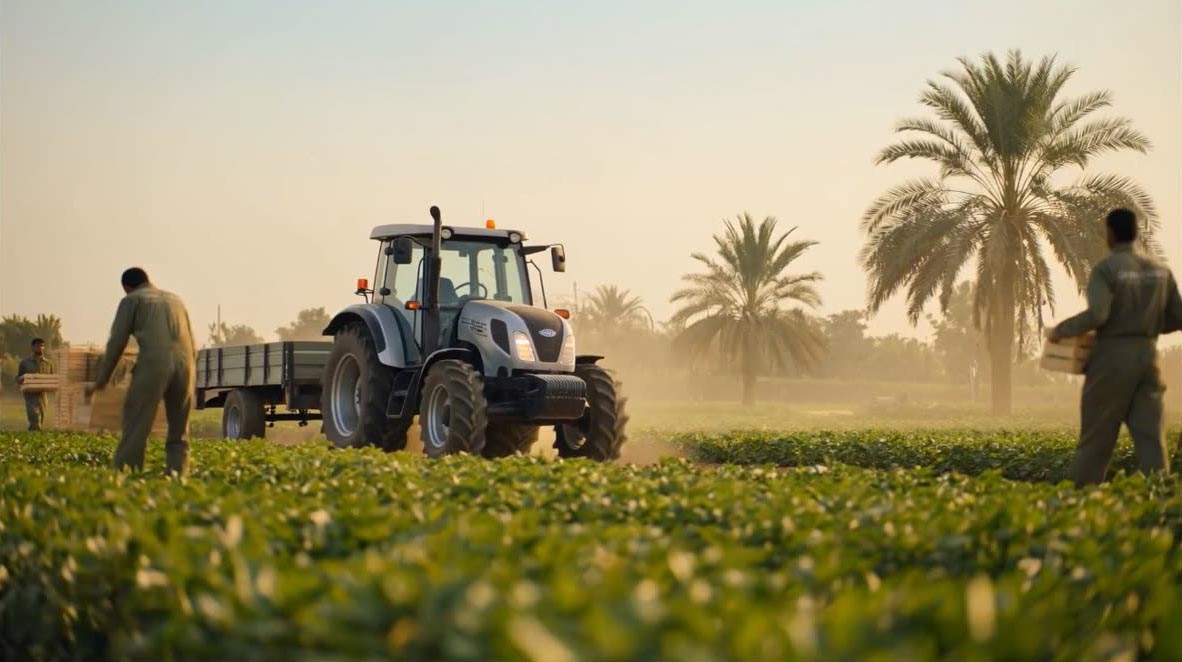 Tractor working a Greenfields field at dawn